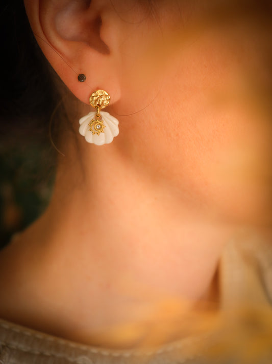 Boucles oreilles coquillage en porcelaine avec attaches acier inoxydable bijou femme