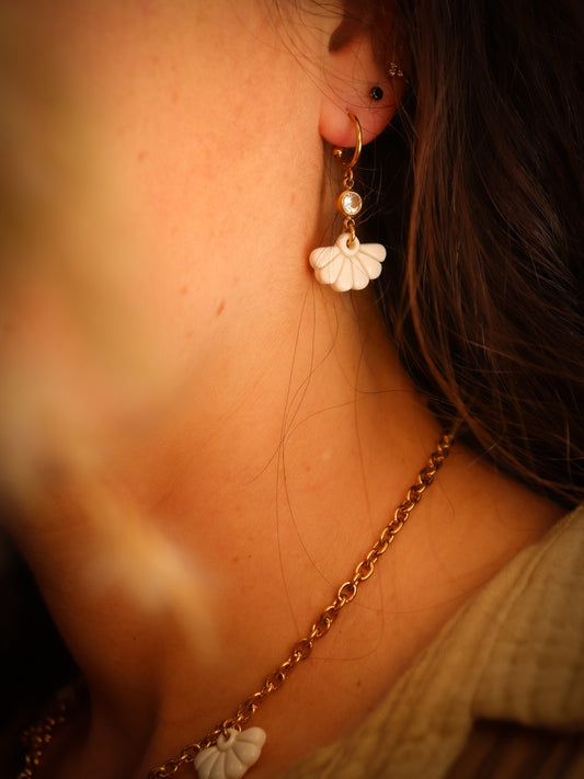 Boucles oreilles coquillage en porcelaine portees bijou femme tendance