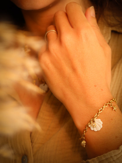 Bracelet coquillage en porcelaine monte sur chaine acier inoxydable femme