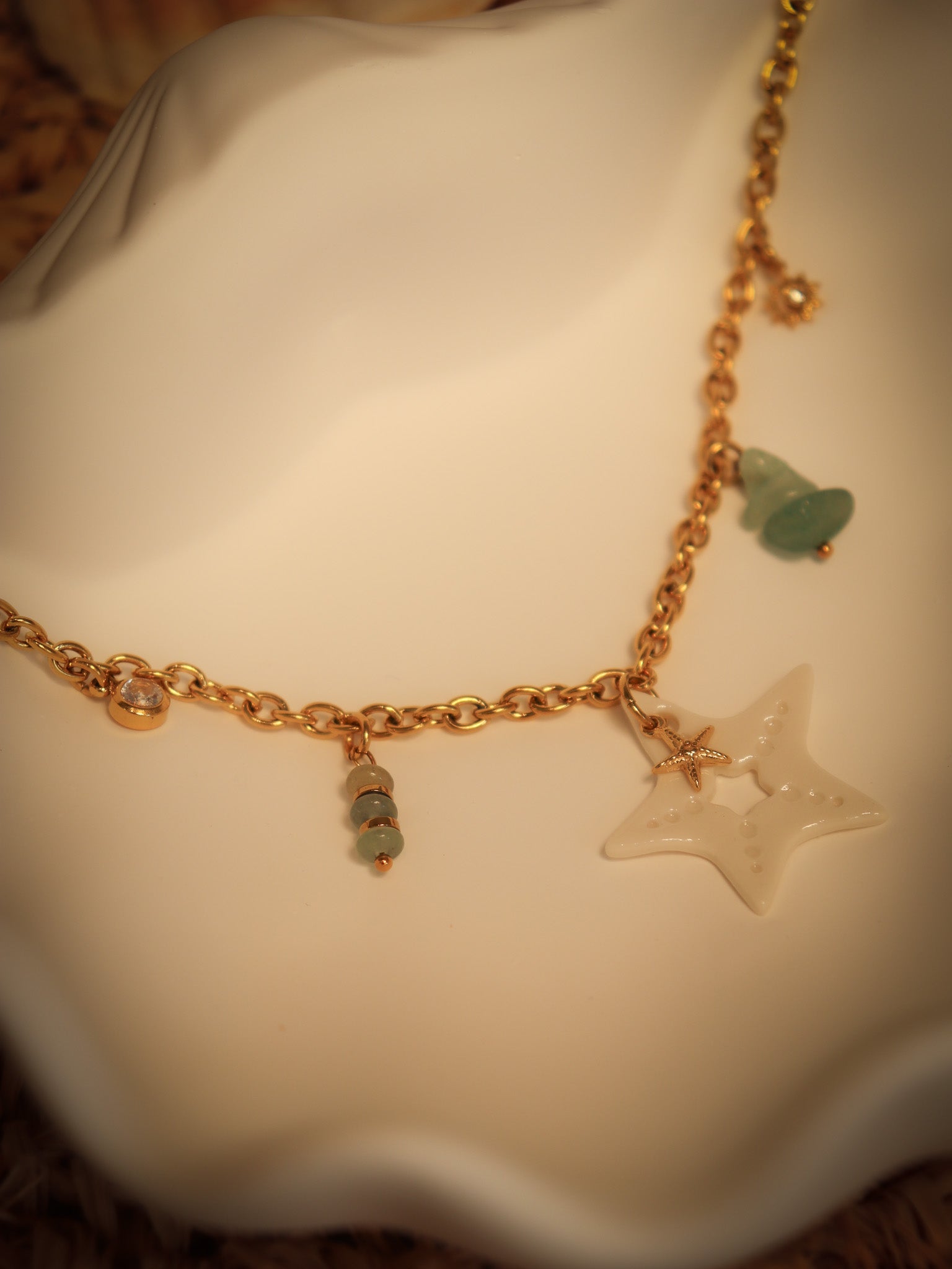 Collier etoile de mer en porcelaine avec chaine acier inoxydable bijou femme