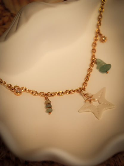 Collier etoile de mer en porcelaine avec chaine acier inoxydable bijou femme